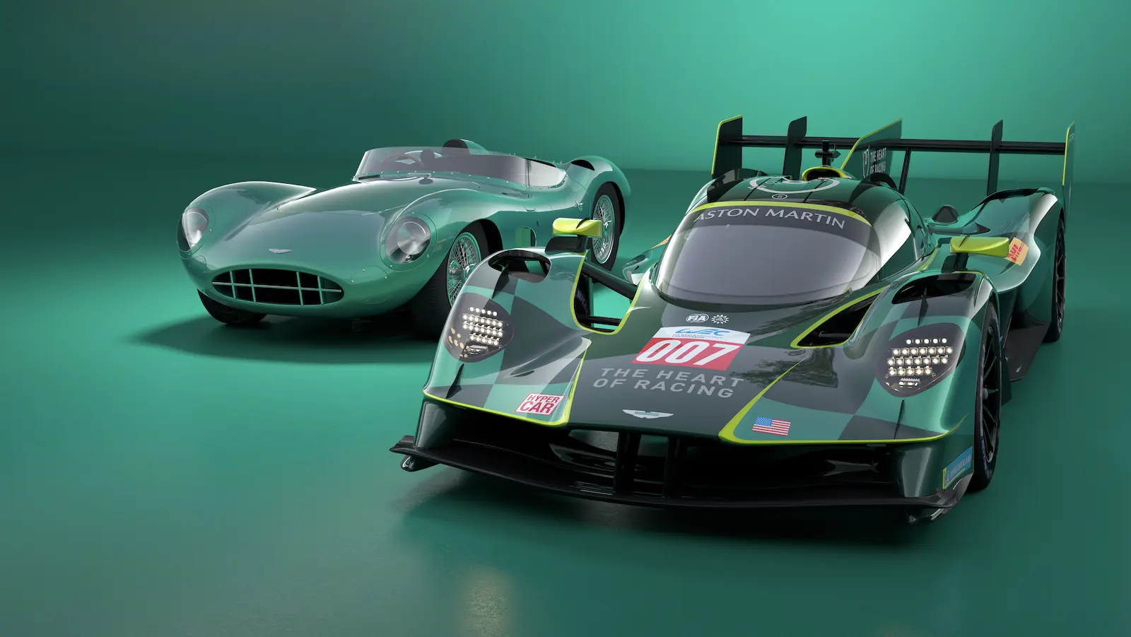 The green #007 and the #009 Aston Martin Valkyries will compete in the FIA World Endurance Championship