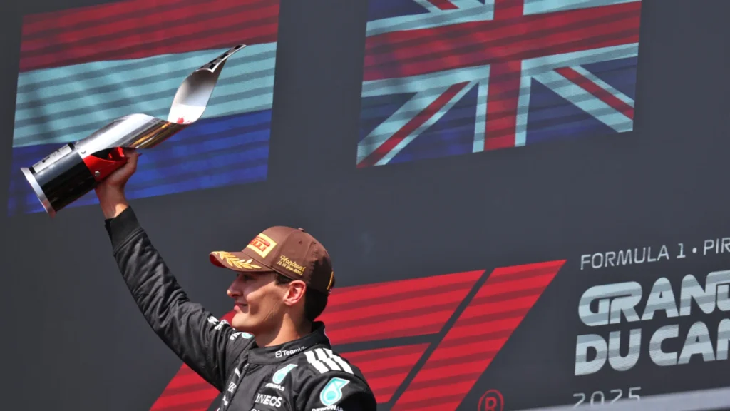 Race winner George Russell (GBR) Mercedes AMG F1 celebrates on the podium. 15.06.2025. Formula 1 World Championship, Rd 10, Canadian Grand Prix, Montreal, Canada, Race Day