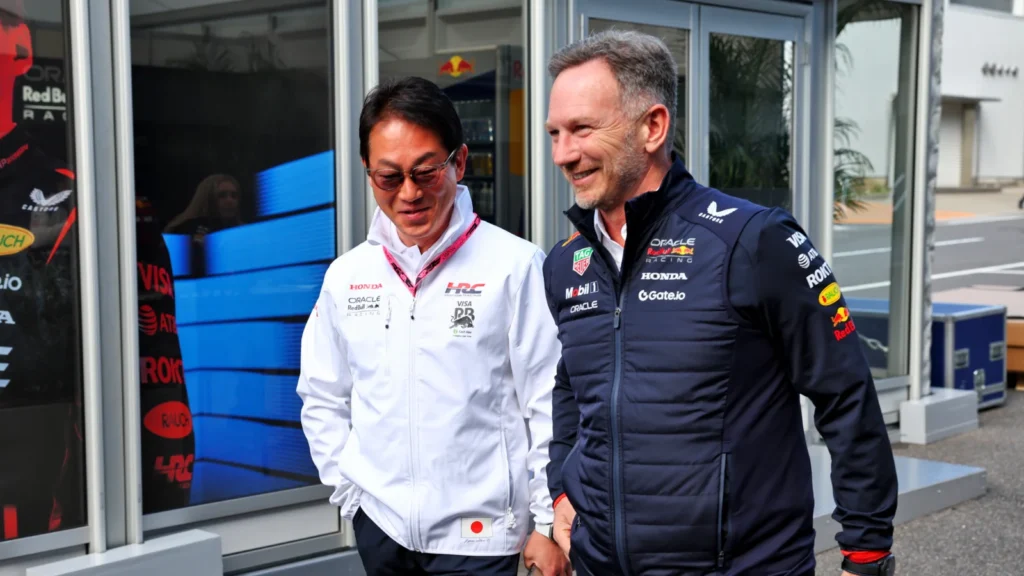 (L to R): Koji Watanabe (JPN) Honda Racing Corporation - HRC - President with Christian Horner (GBR) Red Bull Racing Team Principal. 04.04.2025. Formula 1 World Championship, Rd 3, Japanese Grand Prix, Suzuka, Japan, Practice Day