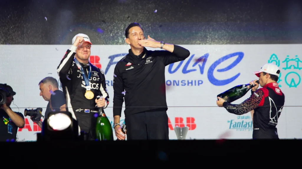 Nick Cassidy, and Team Principal James Barclay, signed off from Jaguar in style in London. Image: Emma Ridgway